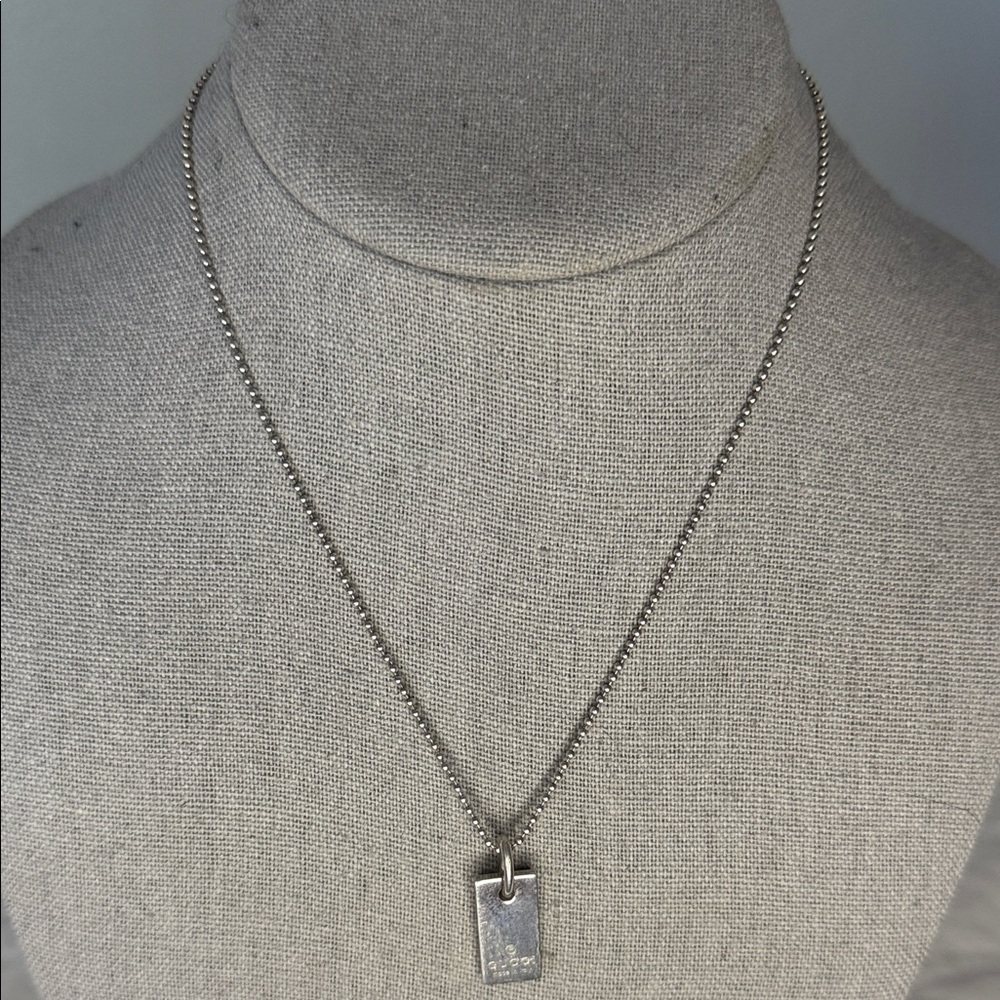 Gucci 925 Sterling Silver Ball Chain Necklace with Rectangular Pendant